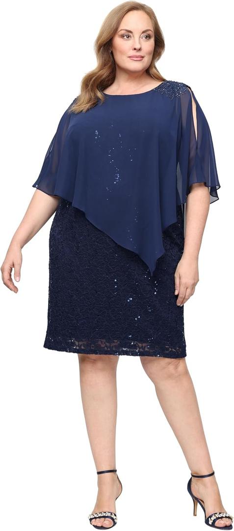 S.L. Fashions Women's Short Sequin Lace Beaded Capelet Overlay Dress (Blue) 18W