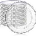 Hoolerry 50 Pack Clear Charger Plates Bulk 13 Inch Plastic Round Beaded Dinner Chargers Acrylic Frosted Grain Decorative Service Plates for Wedding Party Event, Home and Kitchen Tabletop (Silver)