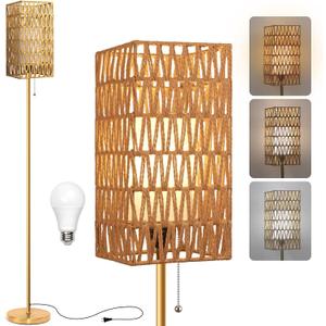 Ruiever Floor Lamp for Living Room,Farmhouse Floor lamp,Modern Standing lamp with Hand-Worked Rattan Shade (Square Rattan Shade Body Gold Color-3 Color Bulb)
