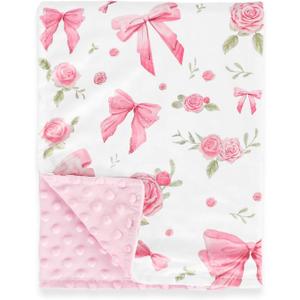 Jundetye Baby Blanket for Girls, Soft Plush Floral Newborn Blankets with Pink Dotted Backing, Toddler Nursery Stroller Crib Receiving Blankets Infant, Pink Rose, 30"x40"