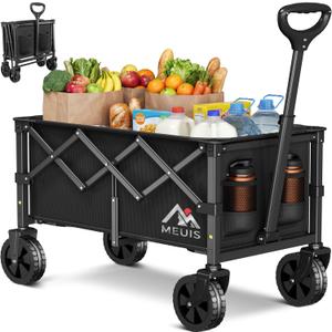 MEUIS Collapsible Wagon Cart with Wheels  250LBS Heavy Duty Folding Wagon for Groceries Shopping Outdoor Apartment Portable Foldable Utility Grocery Trolley, Black, L
