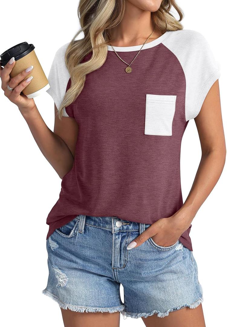 Womens Cap Sleeve Crew Neck T Shirts Loose Fit Short Sleeve Shirts Casual Summer Tops 2025 (XX-Large), Burgundy White