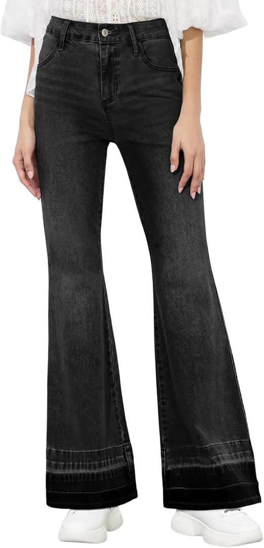Sidefeel Women's Flare Jeans High Waisted Bell Bottom Stretchy Patch Hem Denim Pants with Pockets (8, Black)