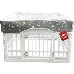 PJYuCien Dog Playpen Mesh Top Cover, Fits 36 Inch 4 Panels Regular Square Plastic Exercise Pet Pen, Adhesive Tape Connections, Grey paw (Note: Cover Only, Fence Not Included)