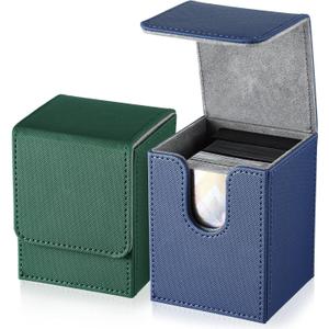 2 Boxes Leather Deck Card Boxes Large Size Fit 100 Plus Sleeved Cards Deck Game Box for Collectible Cards Deck Playing Card Box for 100 Plus Cards Compatible with MTG TCG (Vertical, Blue, Green)