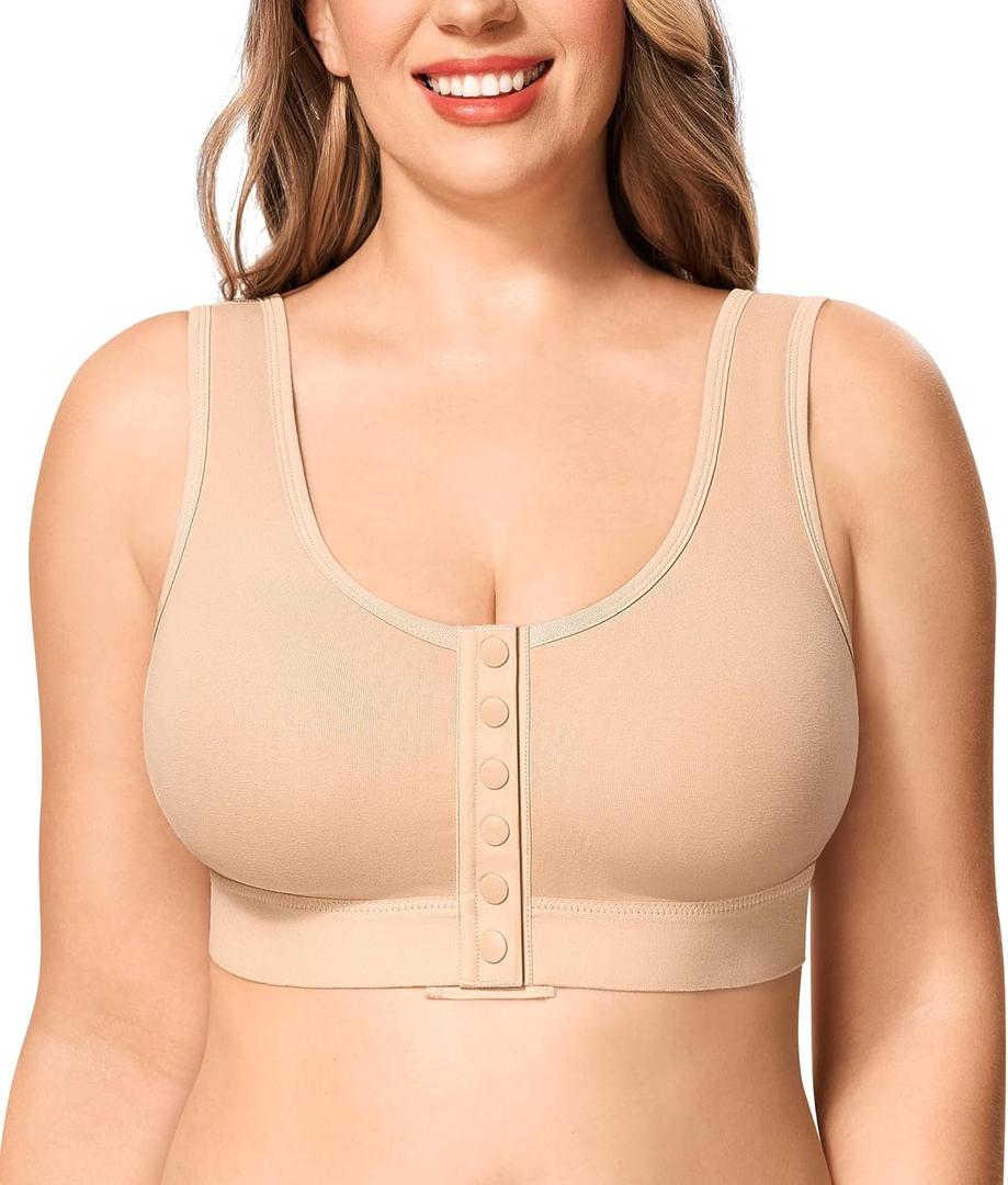 BRABIC Full Coverage Wireless Bras for Women No Underwire Compression Front Closure Comfort Post Surgery Bra (Small, Beige)