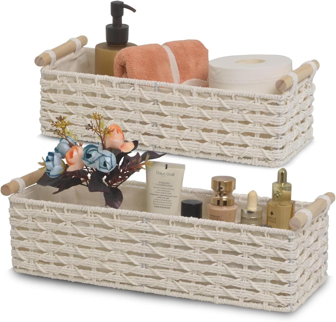 Toilet Paper Baskets for Organizing[2 pack],Paper Rope Wicker Storage Basket with Handle, Bathroom Basket for Bedroom, Nursery, Living Room.(white) (L: 15"L x 6.1"W x 4.7"H, S: 13.7"L x 5"W x 4.3"H)