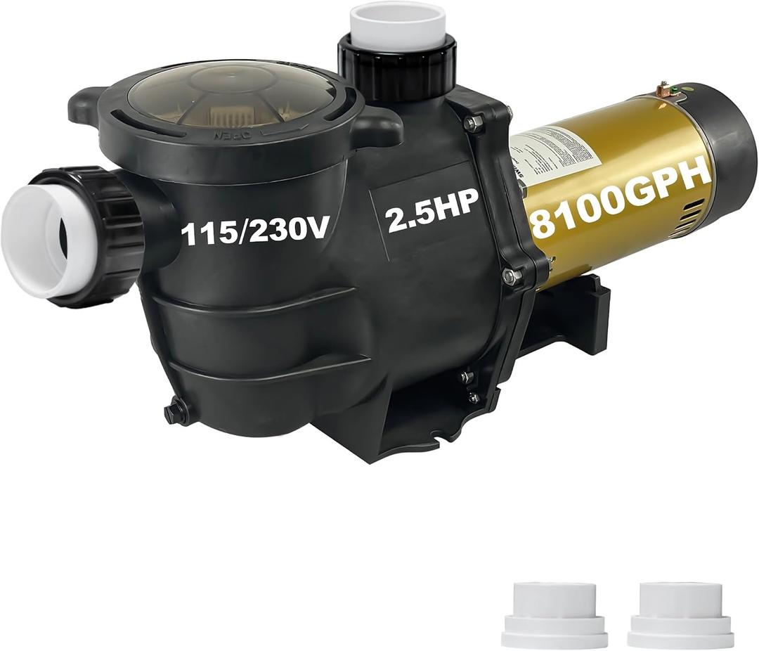 2.5HP PureBy In/Above Gound Pool Pump, 115/230V Dual Voltage Pool Motor, Flow Rate 6480GPH, 2" Port Size with 1.5" & 2" NPT Adapters