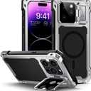 Lanhiem for iPhone 14 Pro Max Metal Case, [Built-in Camera Kickstand & Glass Screen Protector] Protective Heavy Duty Full Body Military Rugged Shockproof Magnetic Cover (Silver)