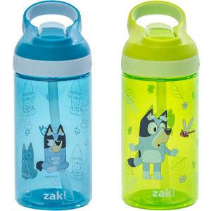 Zak Designs Bluey Atlantic Kids Water Bottle For School or Travel, 16oz Durable Plastic Water Bottle With Straw, Handle, and Leak-Proof, Pop-Up Spout Cover, 2-Pack (Bluey, Bingo)