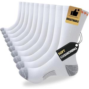 JOYNE 5/10 Pairs Mens Lightweight Athletic Crew Cushioned Breathable Work High Calf Long Boot Socks, 13-15