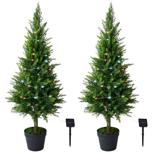 2 Packs of Fake Cypress Plants with Lights, 4FT Artificial Cedar Pruning Tree, with Flowerpot, UV Resistant Artificial shrubs, Suitable for Outdoor and Indoor Front Porch Gardens