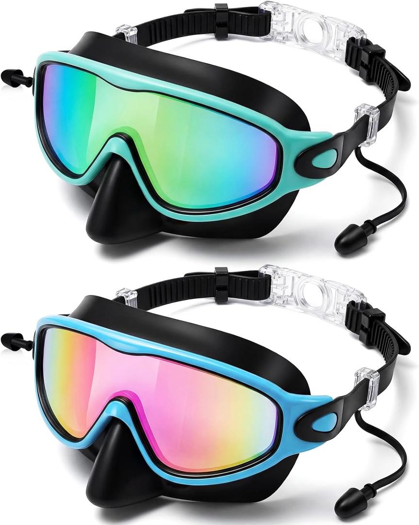 Kids Swim Goggles with Nose Cover Wide View Diving Mask Anti Fog UV No Leaking Pool Swimming Goggle for Youth 8-14 (Green Colorful Green Gold, Blue Colorful Pink)