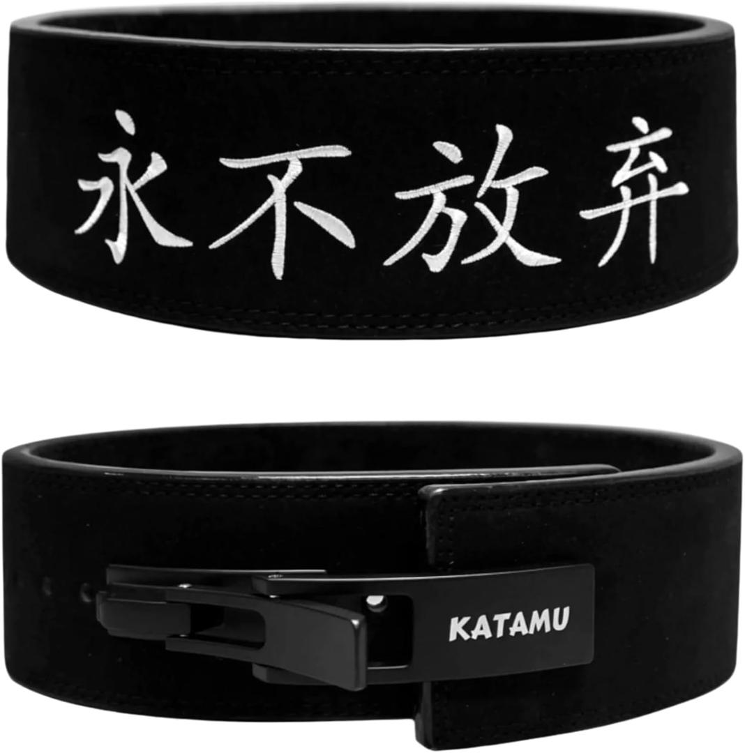 Katamu Premium Leather Lever Weightlifting Belt  Secure Steel Lever, Powerlifting Support for Deadlifts, Squats & Heavy Lifts - Lift More, Look Good (Large - 13mm, Never Give Up)