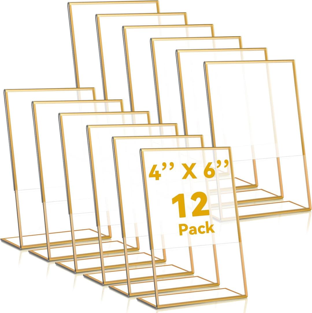 Yulejo 12 Pcs 4 x 6 Inch Gold Acrylic Sign Holders Picture Frame Stand up Table Top Sign Holders Back Picture Frames Clear Menu for Wedding Restaurants, Office, Store, Hotels