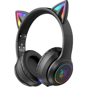 Cat Ear Bluetooth Headphones for Kids & Adults, 55H Play Time, Wireless Foldable & Wired Multi-Function LED Light Up Over Ear Headphones with Mic and Volume Control for iPhone/iPad/Laptop/PC, Black