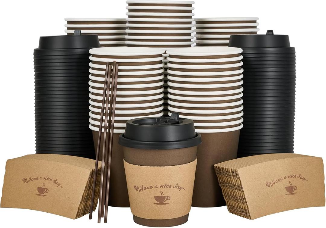 LITOPAK 100 Pack 10 oz Paper Coffee Cups with Lids, Sleeves, and Stirring Sticks for Coffee, Water, or Juice, Browm 10 Ounce Disposable Hot Paper Cups for Cafes, schools, offices, shops (Brown&10oz)