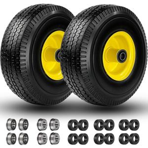 4.10/3.50-4" Flat Free Tire and Wheel, 10" Solid Tire with 5/8" Axle Bore Hole with 3/4" & 1/2" Extra Bearings, 2.2" Offset Hub for Wheelbarrow Hand Truck Garden Wagon Cart Trolley Dolly Lawn Mover (yellow)