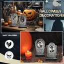 6 Pcs Halloween Graveyard Tombstones Centerpieces with 6 Pcs Scary 3D Changing Face Moving Picture Frame, Rip Gravestone Wooden Table Decoration Halloween Party Home Accessories (Marble)