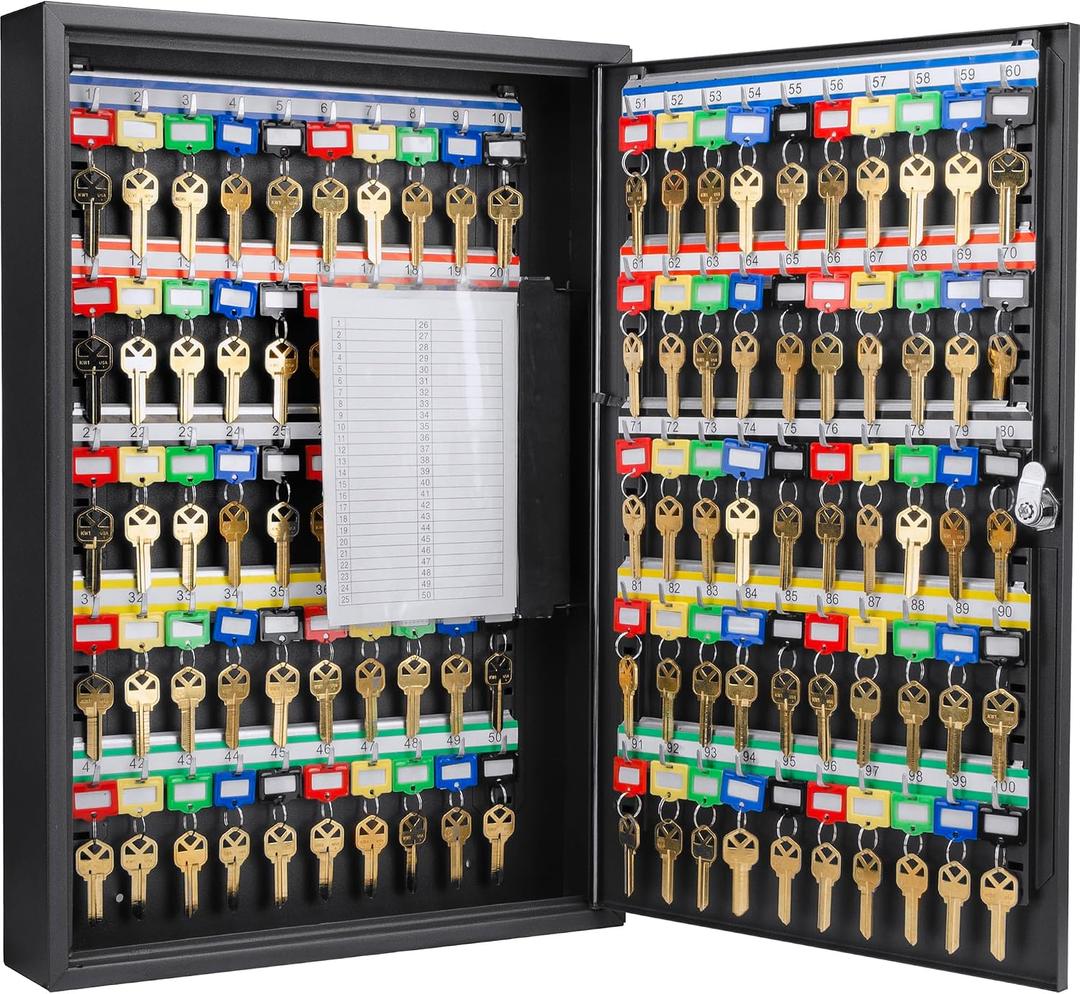 Barska 100-Position Key Lock Box Solid Steel Key Cabinet with Adjustable Numbered Hooks, Key Log Sheet, Color Tags & Index Chart Wall-Mount Organizer, Black Finish Key Organizer Keybox