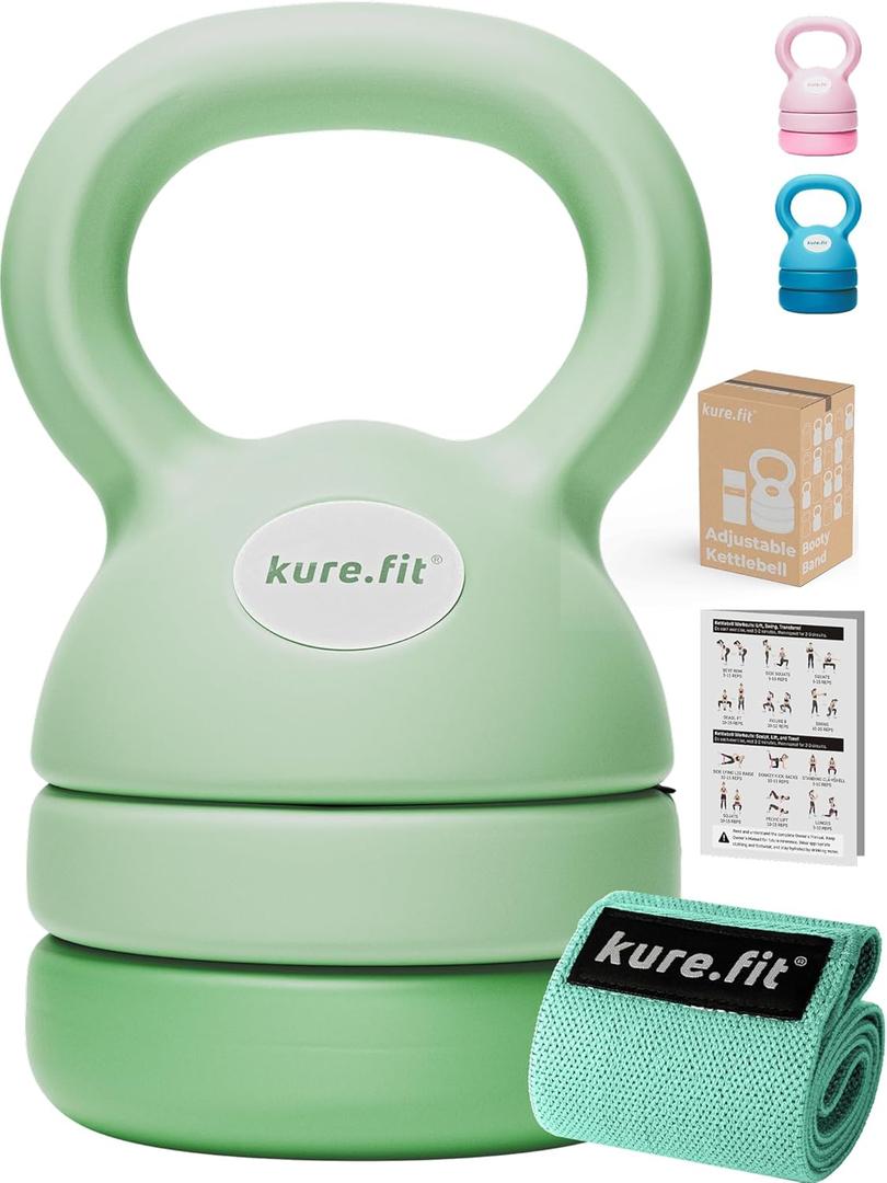 Adjustable Kettlebell | 5 lb - 12 lb | Kettlebell Weights Set for Home Gym | Full-Body Workouts, Strength Training, Weight Loss | Fabric Booty Band | Beginners & Women (Sage)