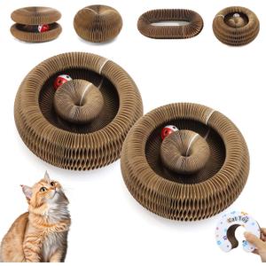 2Pcs Magic Organ Cat Scratcher Cardboard, Foldable Scratching Board, Interactive Cat Toy with Bell Ball, Corrugated Cardboard Scratch Pad for Indoor Cats, Round (Wool White)