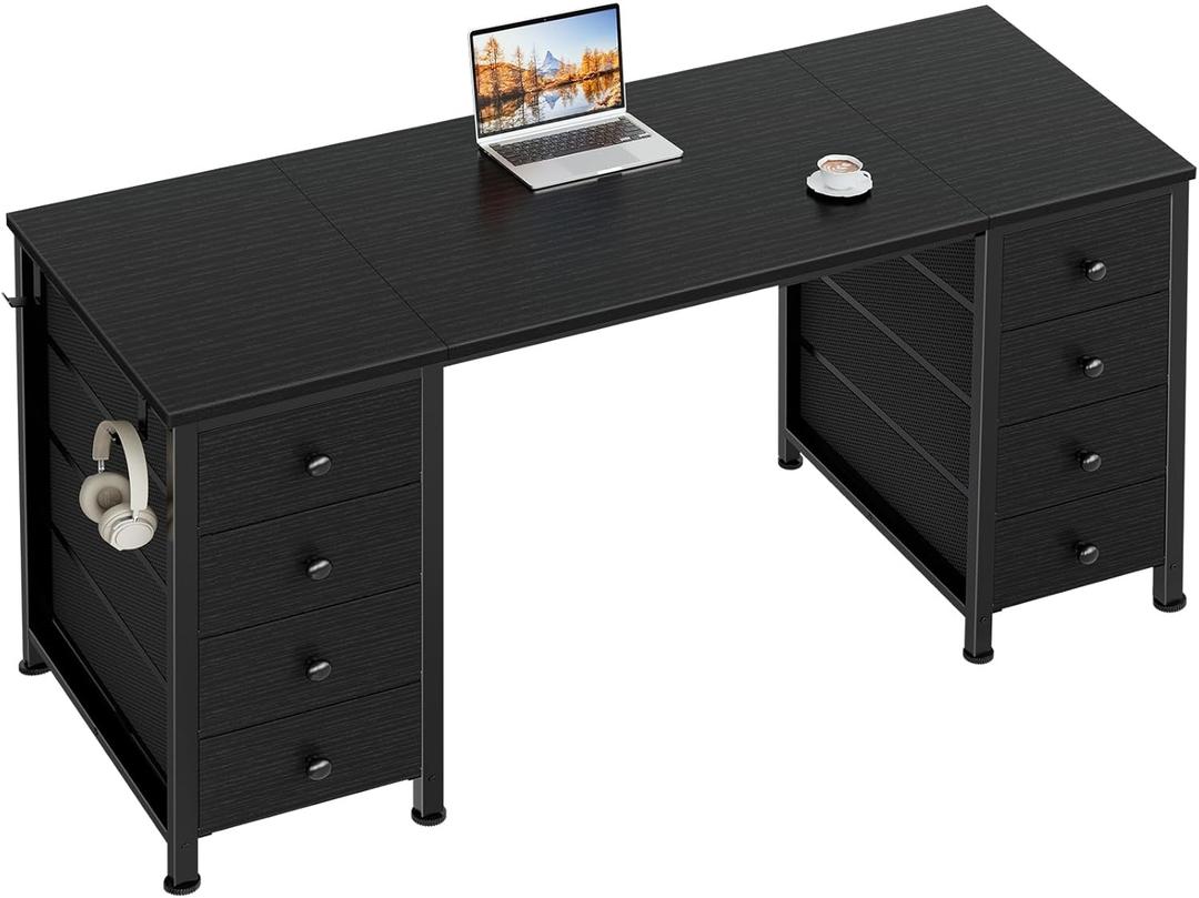 Black Gaming Desk with Fabric Drawers on Both Sides, 55 Inch Home Office Computer Study Writing Work PC Desk with 8 Storage Drawers Storage for Bedroom