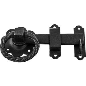 Renovators Supply Manufacturing Black Wrought Iron Floral Ring Pull Gate Latch Fence Door Lock with Mounting Hardware