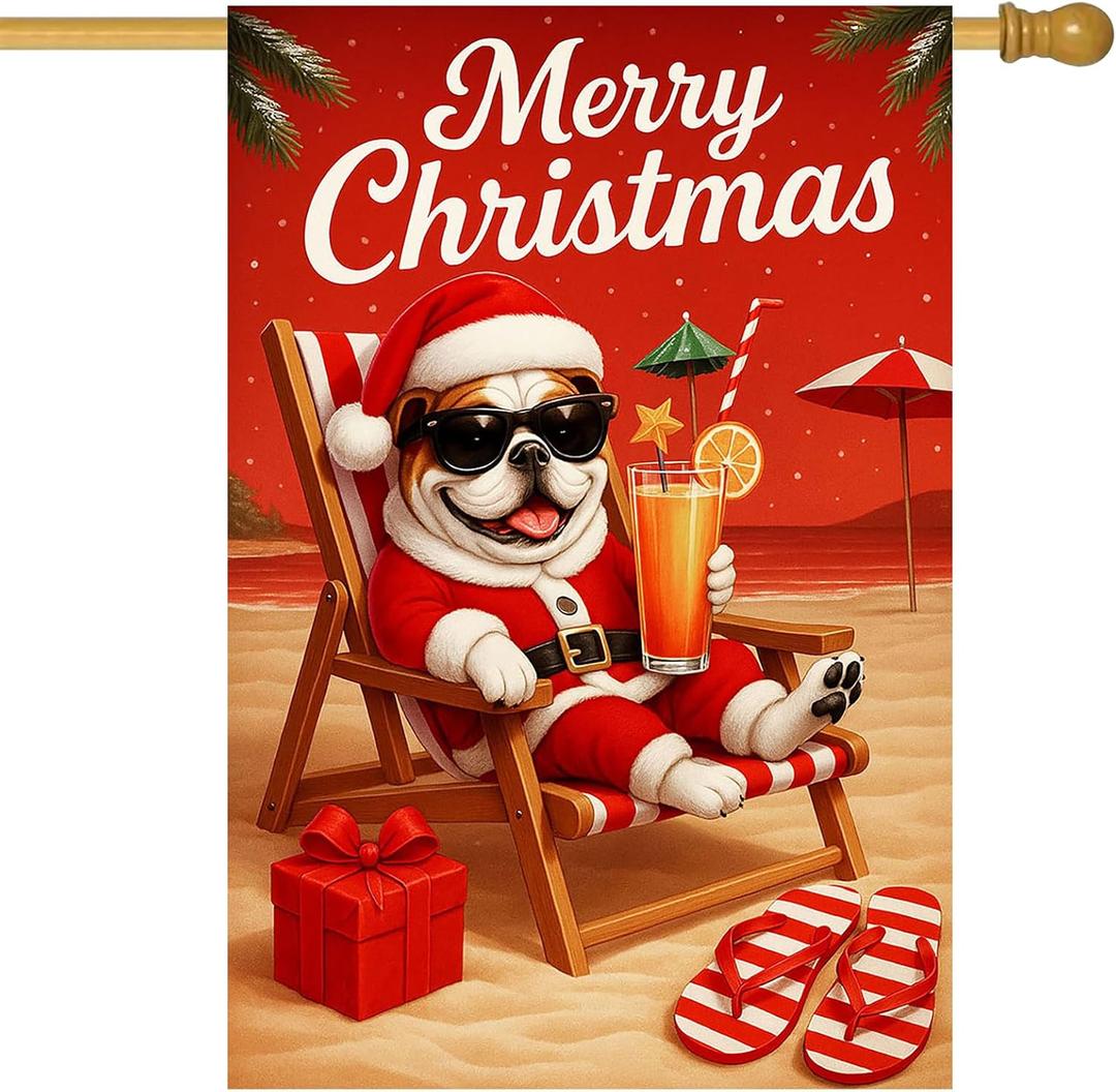 IVN Merry Christmas Pug Garden Flag 28x40 Inch Big Double Sided Christmas Dog Winter Outdoor Yard Flag For Home Front Door Lawn Porch Holiday Decor