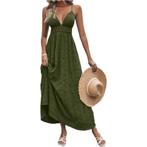 Milumia Women's Summer V Neck Backless Maxi Dress Boho Spaghetti Strap A Line Flowy Beach Long Sundress, L