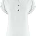 Linen Shirts for Women V Neck Button Down Blouse Short Sleeve Office Work Tops Vintage Vacation Tees Shirt Blouse Tops (White, XXL)