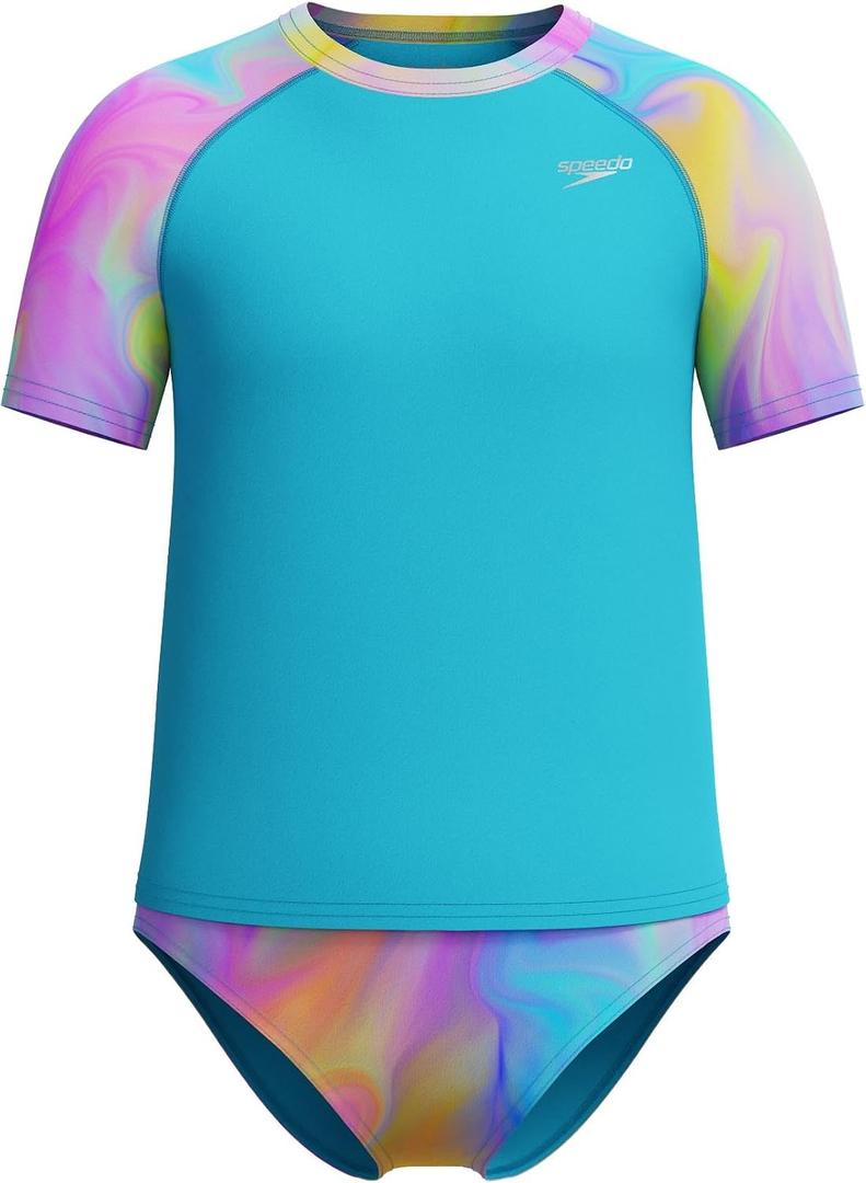 Speedo Girl's Uv Swim Shirt Short Sleeve Rashguard Set (Blue, 8)
