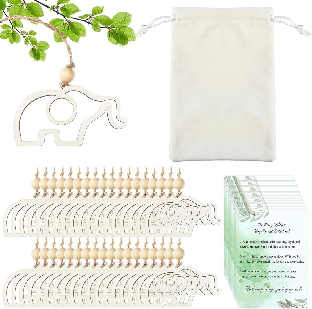 Thyle 36 Sets Elephant Friendship Ornaments with Story Cards White Velvet Bags Elephant Sister Gifts for Women Wooden Sisterhood Christmas Ornaments Gifts for Friends