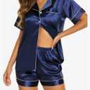 Ekouaer Silk Pajamas for Women Short Sleeve Sleepwear Soft Button Down Loungewear 2 Piece Satin Pjs Shorts Set, Navy, Large