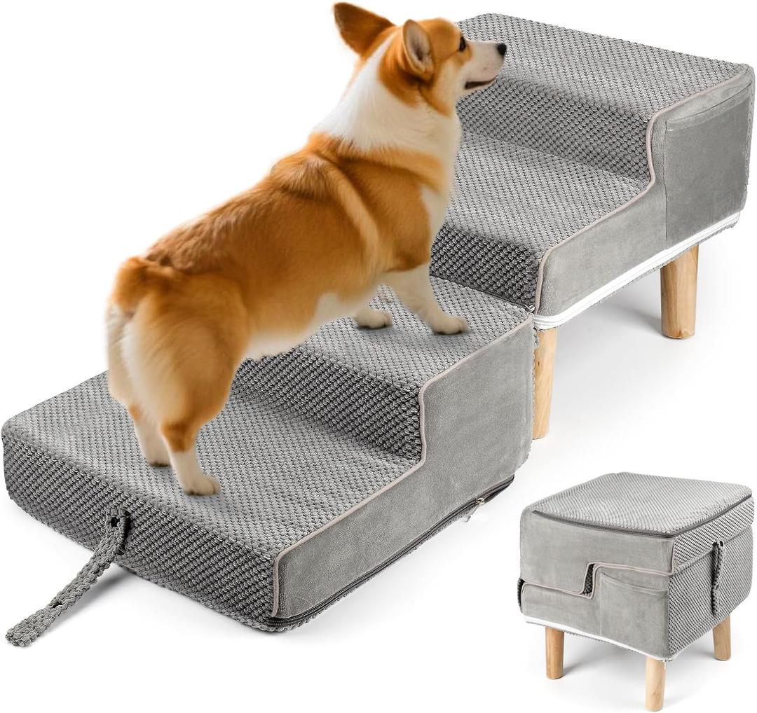 Hdnbsp Split Ottoman Dog Ramp, 4-Step Dog Stairs for Bed, Foldable Pet Steps for Small, Medium, Senior Dogs & Old Cats - Couch Height, Anti-Slip, Washable Cover, Storage Pocket, 135lb Capacity