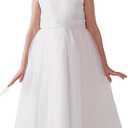 LalaMira First Communion Dress Satin/Tulle Floor-Length Flower Girl Dresses with Pearl for Wedding Ball-Gown Garden Party 130 White