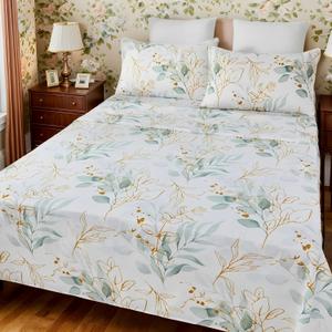 Floral Bed Sheet Set Queen, Green Leaves Pattern Flat Sheet Gloden Leaves Printed Fitted Sheet Set with 17.5" Deep Pocket, 4Pcs Soft Microfiber White Botanical Vintage Floral Sheet Set