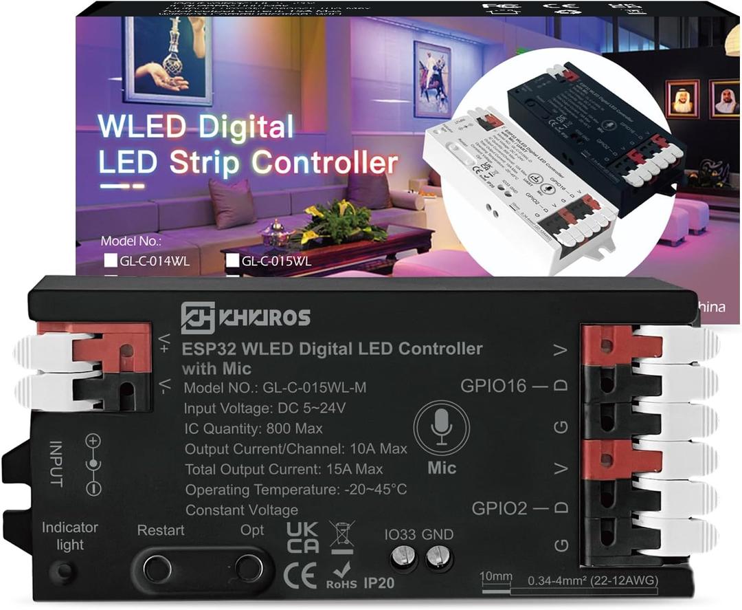 WLED Controller with Mic,5-24V ESP32 LED Strip Lights Controller Webserver Control (WS2812B,WS2811,SK6812) LEDs,SPI Based Chipsets WS2801 APA102,Remote Light Control