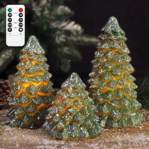 Green Christmas Tree Figurines Hand-Painted Tabletop Tree Flameless Candles Real Wax Flickering LED Battery Operated with Remote Lighted Christmas Tree Decoration for Shelf Fireplace Mantel Holiday