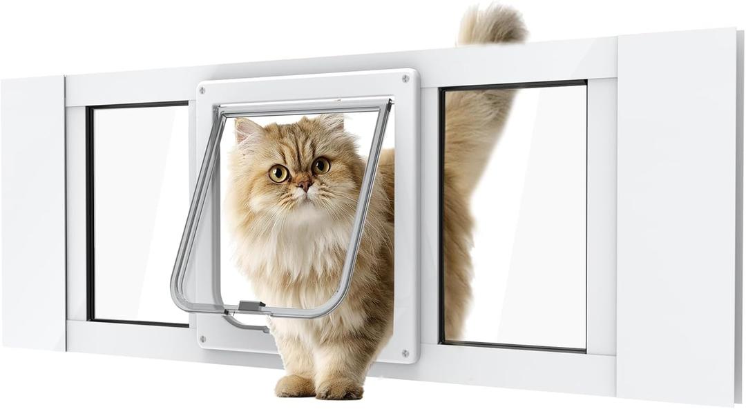Aluminum Cat Door for Windows - Adjustable to Fit Window Width 28"-32", Quick-Fit Cat Door Window Insert, Magnetic Suction Design, Perfect for Cats (White Tall)
