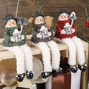 Lulu Home Christmas Snowman Decorations, 3 Packs Resin Snowman Shelf Sitters with Plush Dangling Legs, Snowman Figurines for Winter Xmas Tabletop Mantel Fireplace Home Holiday Decor