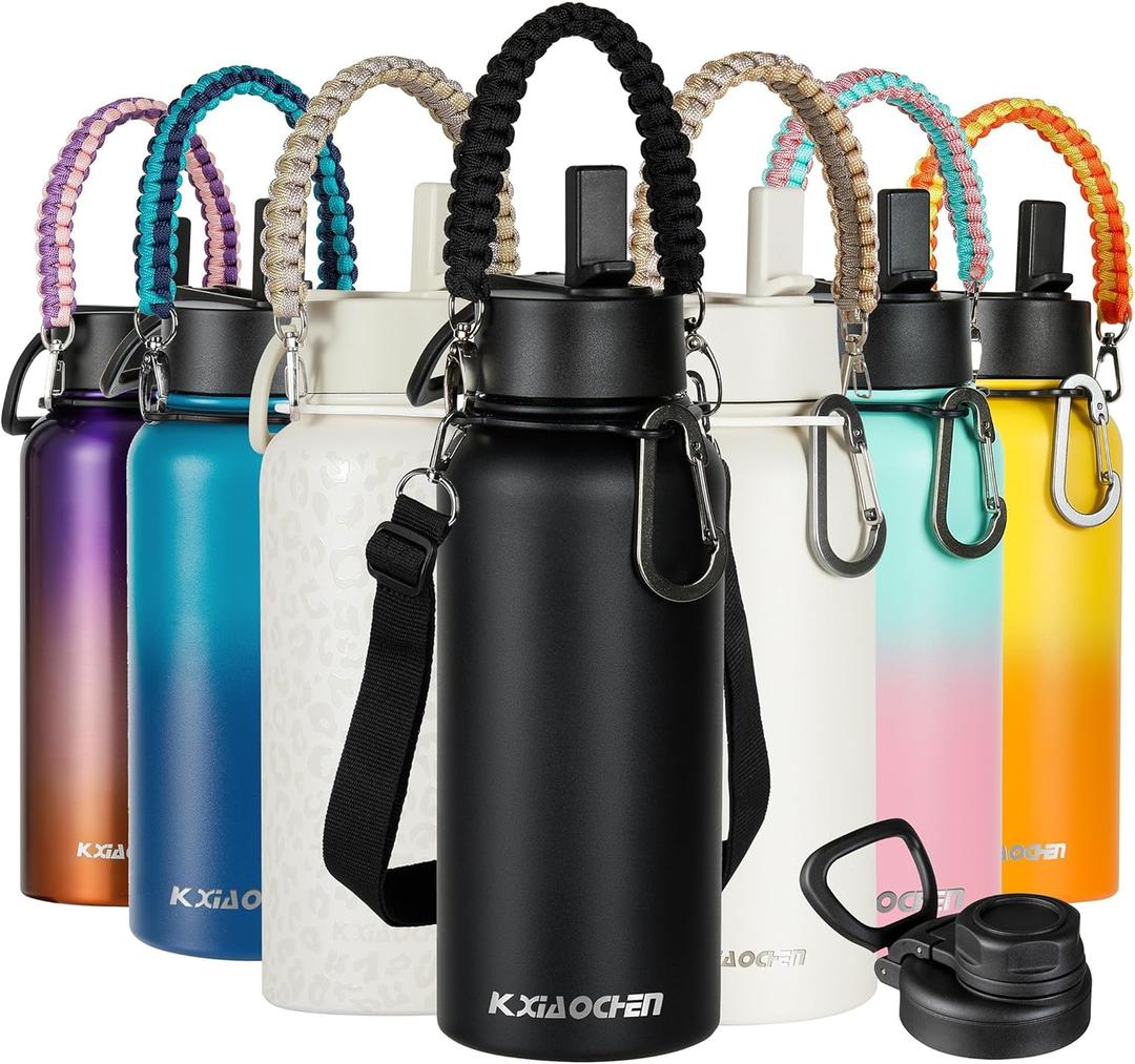 KXIAOCHEN Insulated Water Bottle, Stainless Steel Water Bottle, 2 Lids (Straw and Handle Lid),Wide Mouth Metal Water Bottles Keep Hot and Cold, Double Walled, Thermo Mug, Metal Canteen (Black)