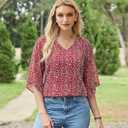 Uhiger 3/4 Length Sleeve Womens Tops V Neck Chiffon Blouse Dressy Casual Double Layered for Weekend Outings and Everyday Wear (XXL)