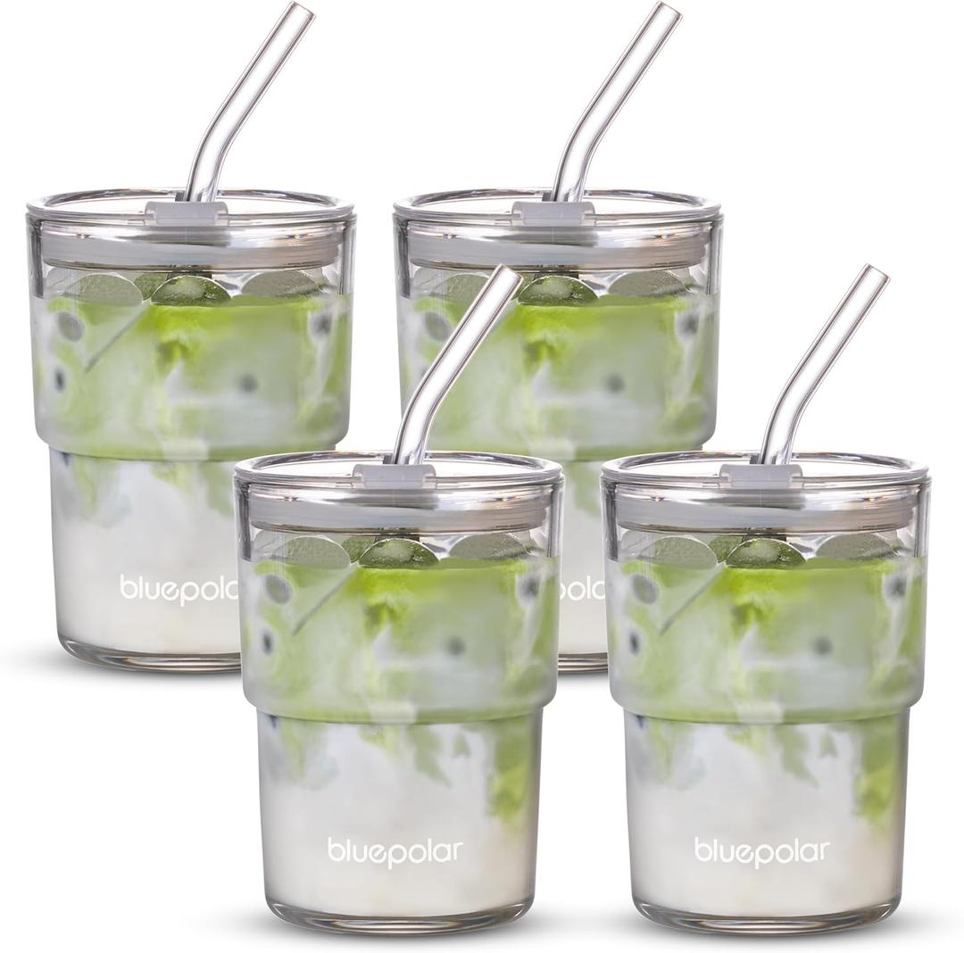 13oz/400ml Glass Water Tumbler with Straw and Lid Sealed Carry On Thick Wall Iced Coffee Cup Glass Cup for Water, Iced Tea Fruit Juice (Aurora White-4Pack)