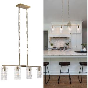 4 Lights Gold Chandelier Glass Long Pendant Light Fixtures, 21.3