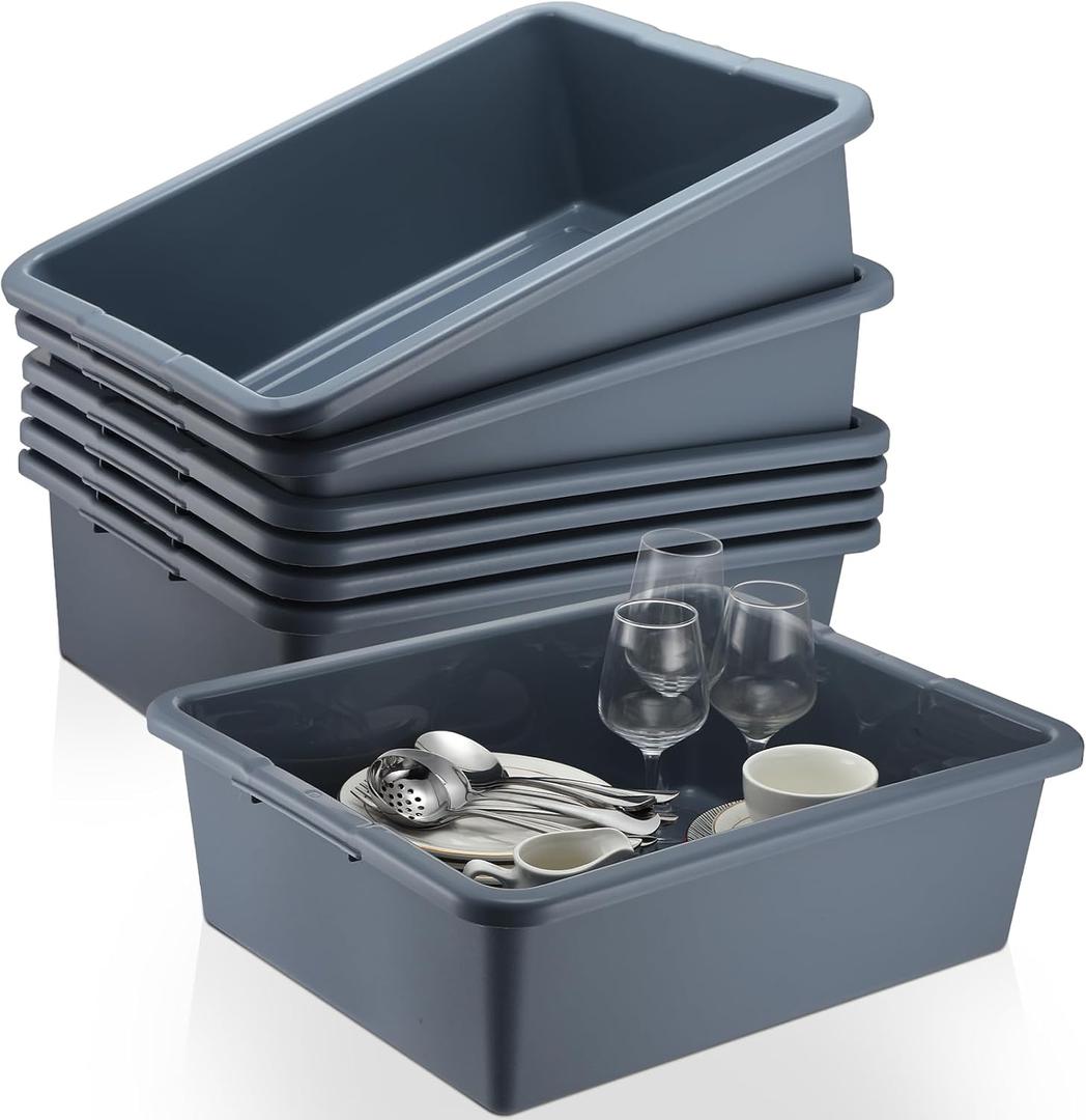 6 Pcs Commercial Bus Tubs 21.1"L x 16.9"W x 6.6"H Large Bus Bins,Gray