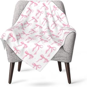 Printed Pink Bow White Throw Blanket Ultra Soft Cozy Flannel Fleece Blanket Plush Warm Lightweight Bedding for Couch Sofa Chair Bed Living Room Bedroom Decor All Seasons Kids Adults,40"X30"