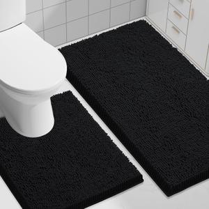 Smiry Bathroom Rugs Set 2 Piece, Soft Absorbent Chenille Bath Mat and U-Shaped Toilet Rug Set, Non Slip Shaggy Bath Carpet for Tub, Shower and Floor (30x20+24x20, Black)