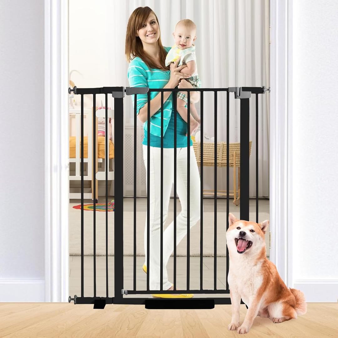 41 Inch Tall Baby Gate Auto Close Dog Gate Adjustable 41"" Wide Pressure Mounted Walk Through Swing Pet Gate for Doorways