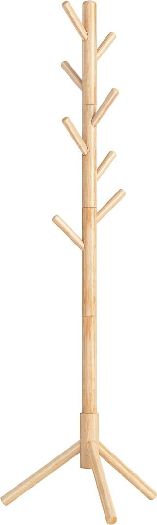 VASAGLE Solid Wood Coat Rack, Free Standing Tree-Shaped Coat Rack with 8 Hooks, 3 Height Options, for Clothes, Hats, Bags, Living Room, Bedroom, Home Office, Natural Beige URCR004N01